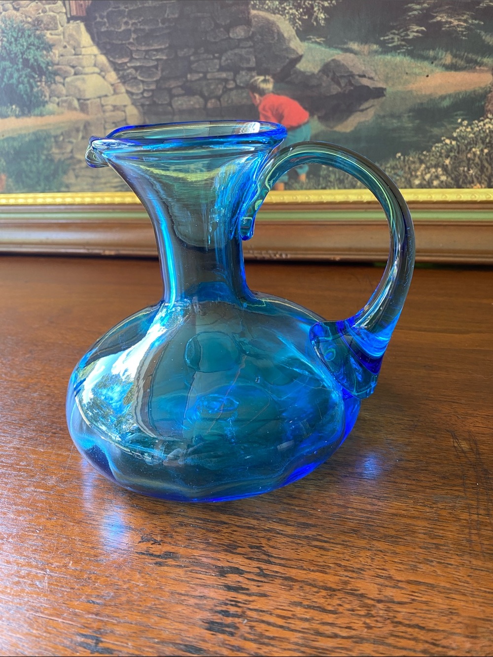 Vintage Mid-Century Modern (MCM) Hand-Blown Optic Blue Art Glass Pitcher